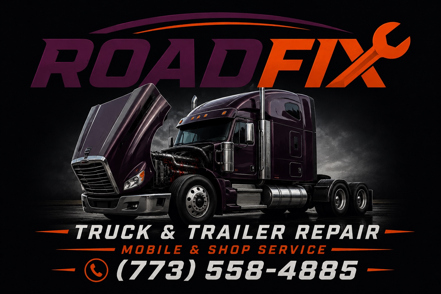 RoadFix Truck & Trailer Repair — purple semi truck with open hood